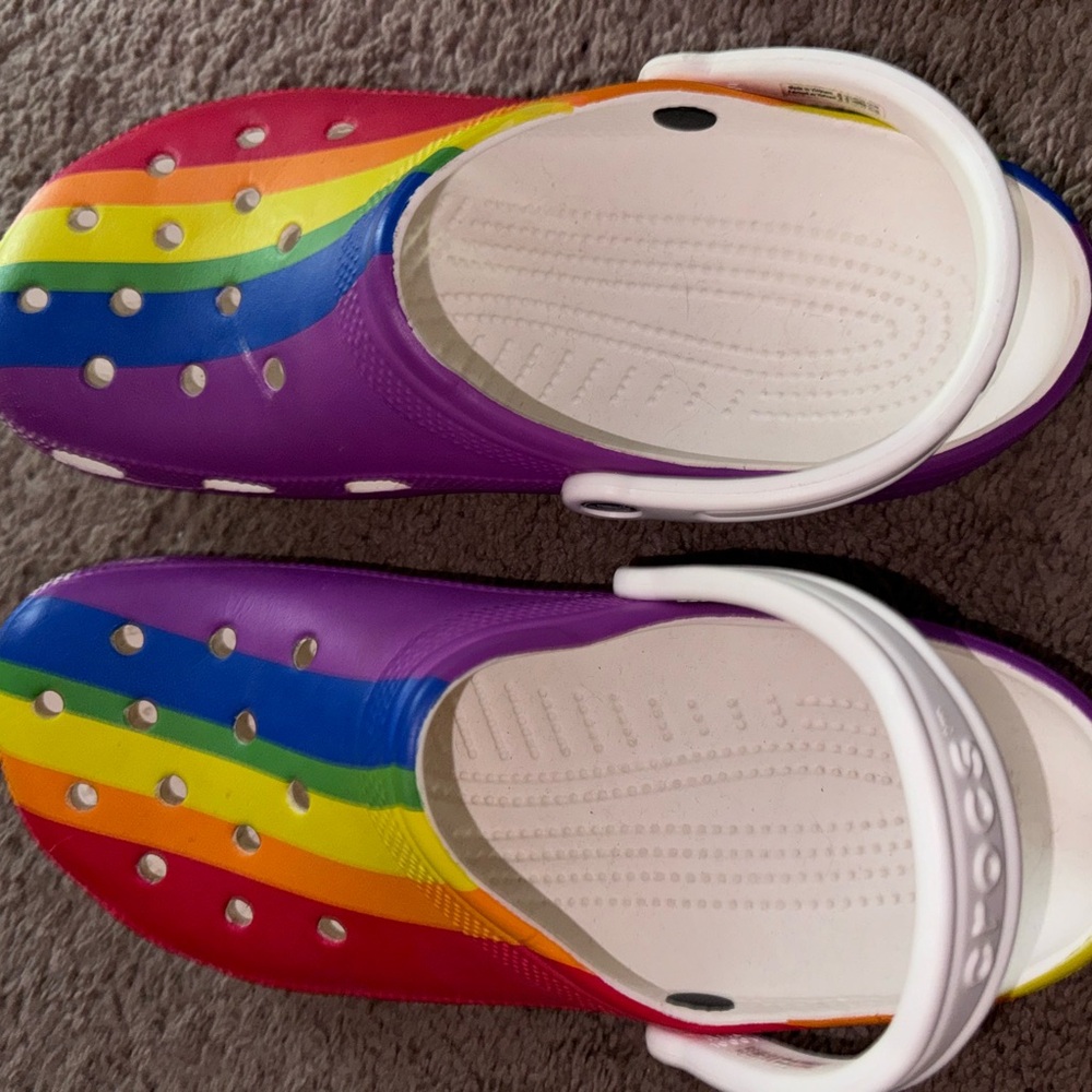 Crocs Classic women’s 12/mens 10 rainbow pride slide  On Slingback
Rubber Comfy